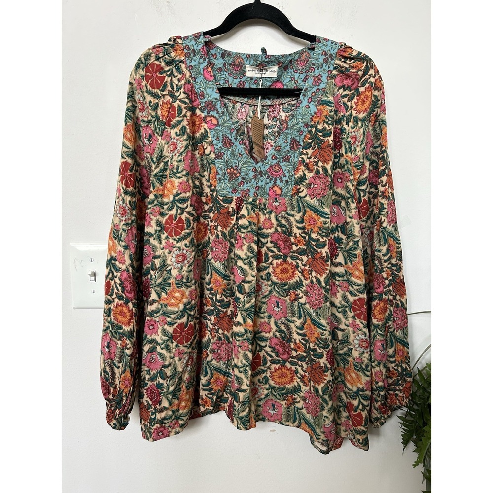 NWT Natural Life Rowan Floral Peasant Blouse 2XL Boho Cottagecore MixedPrint Top - Picture 1 of 6
